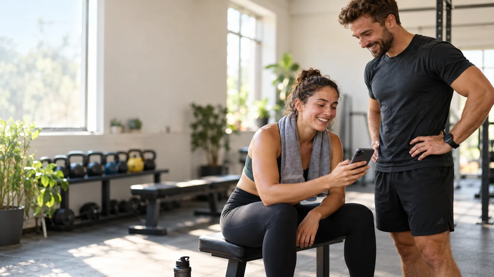 Un personal trainer sorridente accanto a una cliente seduta su una panchina in una luminosa palestra, mentre lei guarda il telefono