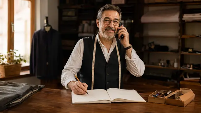Ein älterer Schneider telefoniert und schreibt gleichzeitig in ein Papiernotizbuch an seinem Werkstatttisch