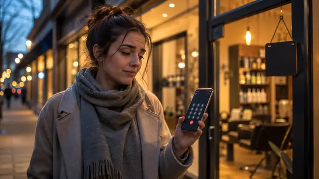 Sieviete stāv ārā pie slēgta friziera salona naktī, skatās telefonā ar vīlušos sejas izteiksmi, jo nevar pierakstīties uz vizīti tiešsaistē